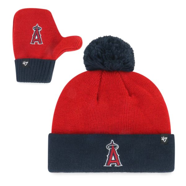 toddler los angeles angels 47 red bam bam cuffed knit hat with pom  mittens set | MLB Jerseys & Hats Collection at Los Angeles Angels
